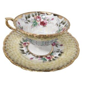 VTG Relco Japan Tea Cup & Saucer Opalescent Gold Rim Hobnail Pedestal Pink Rose